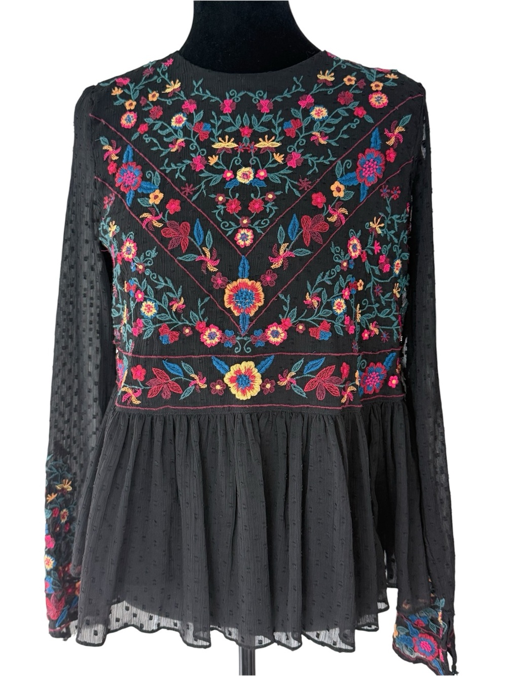 Zara Black Embroidered Floral Boho Style Blouse. Size S